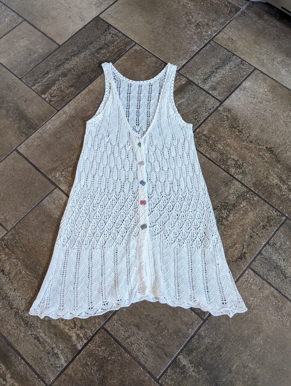 Crochet V Neck Tunic Cardigan Layers Fall 🍁 School Chic Boho Chic Size M White